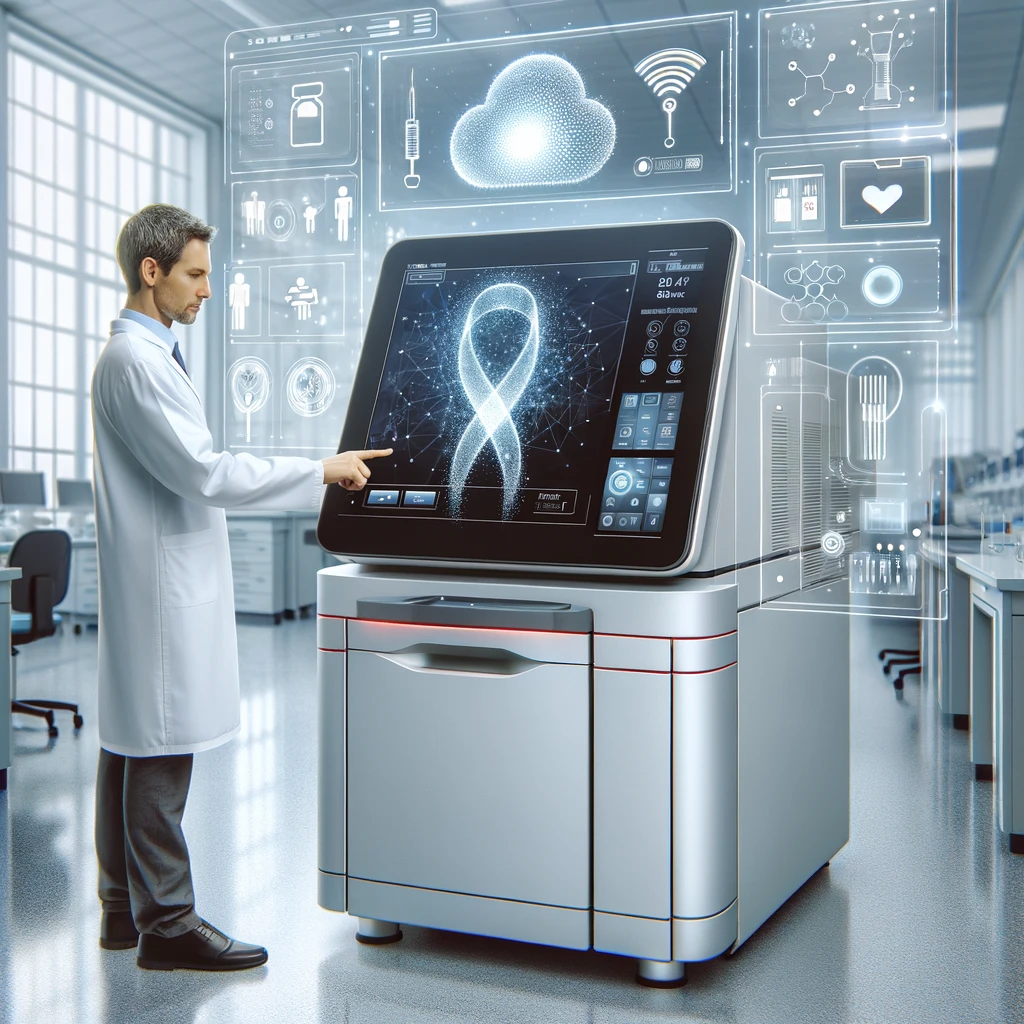 A modern hematology analyzer in a clinical laboratory setting with a sleek design and touchscreen interface demonstrated by a lab technician