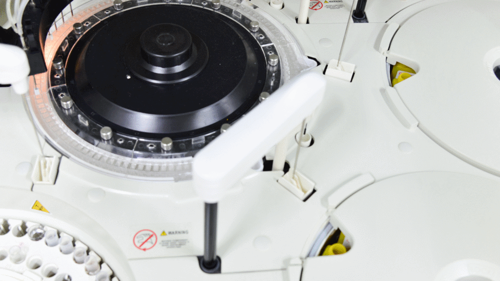 Close-up of a laboratory analyzer with good reagent quality