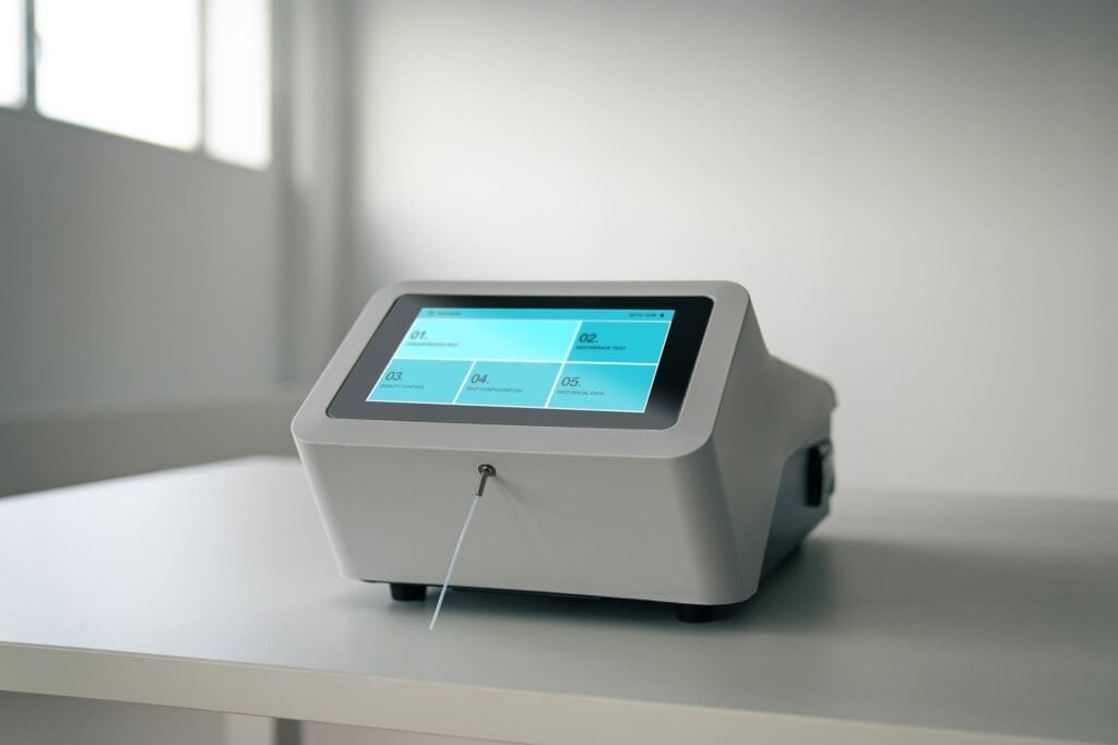 Clinical laboratory semi-automated chemistry analyzer used for routine diagnostic blood testing.