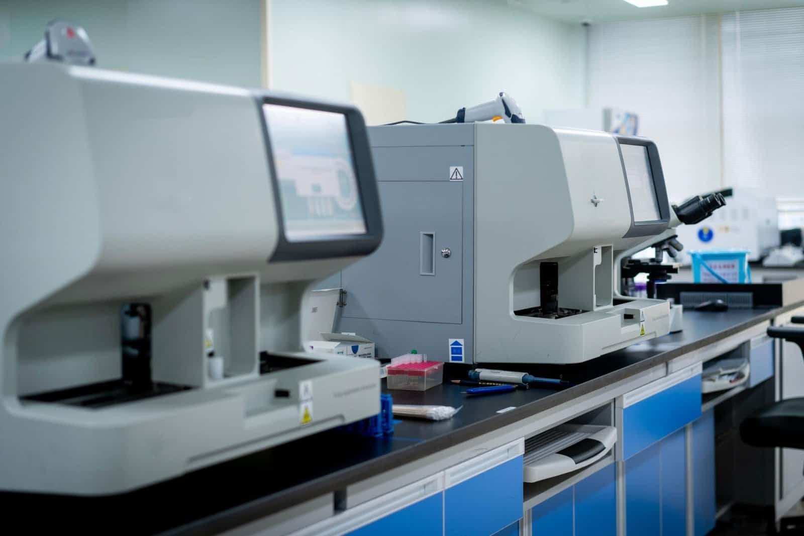Medical laboratory equipped with automated chemistry analyzers for high-volume testing.