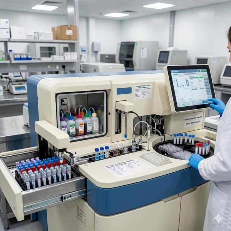 Laboratory technician monitoring automated diagnostic equipment in a clinical lab