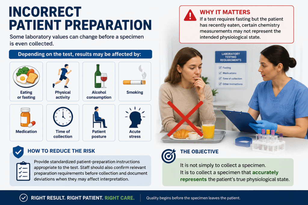 Patient preparation for laboratory testing infographic explaining factors that can compromise accurate diagnostic test results before specimen collection.