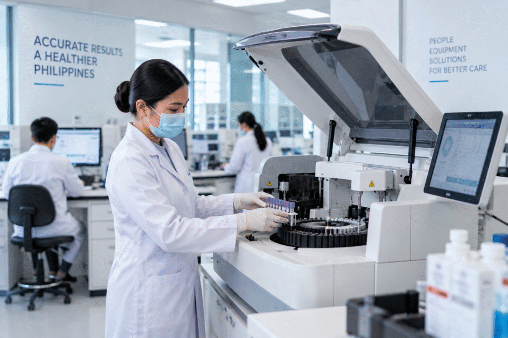 laboratory analyzer in use with reagents and consumables